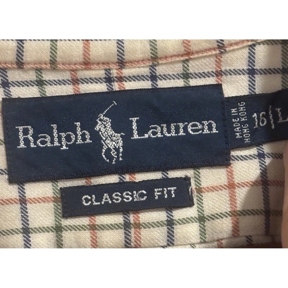 Vintage Polo Ralph Lauren Men's Custom Fit Plaid Shirt Large Beige Long Sleeve - Picture 3 of 7